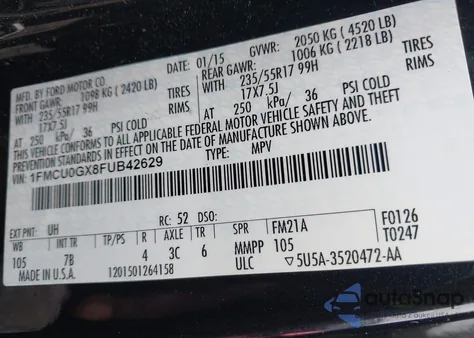 2015 Ford Escape Se from USA, damaged, VIN 1FMCU0GX8FUB42629